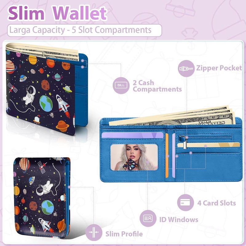 Funermei Cute Wallet for Teen Boys Leather Bifold Wallet Girls Cool Cartoon Space Planet Astronaut Credit Card Holder RFID Blocking Id Cash Slim Small Bi Fold Wallets with Coin Pocket Teens Little Boy - Image 4